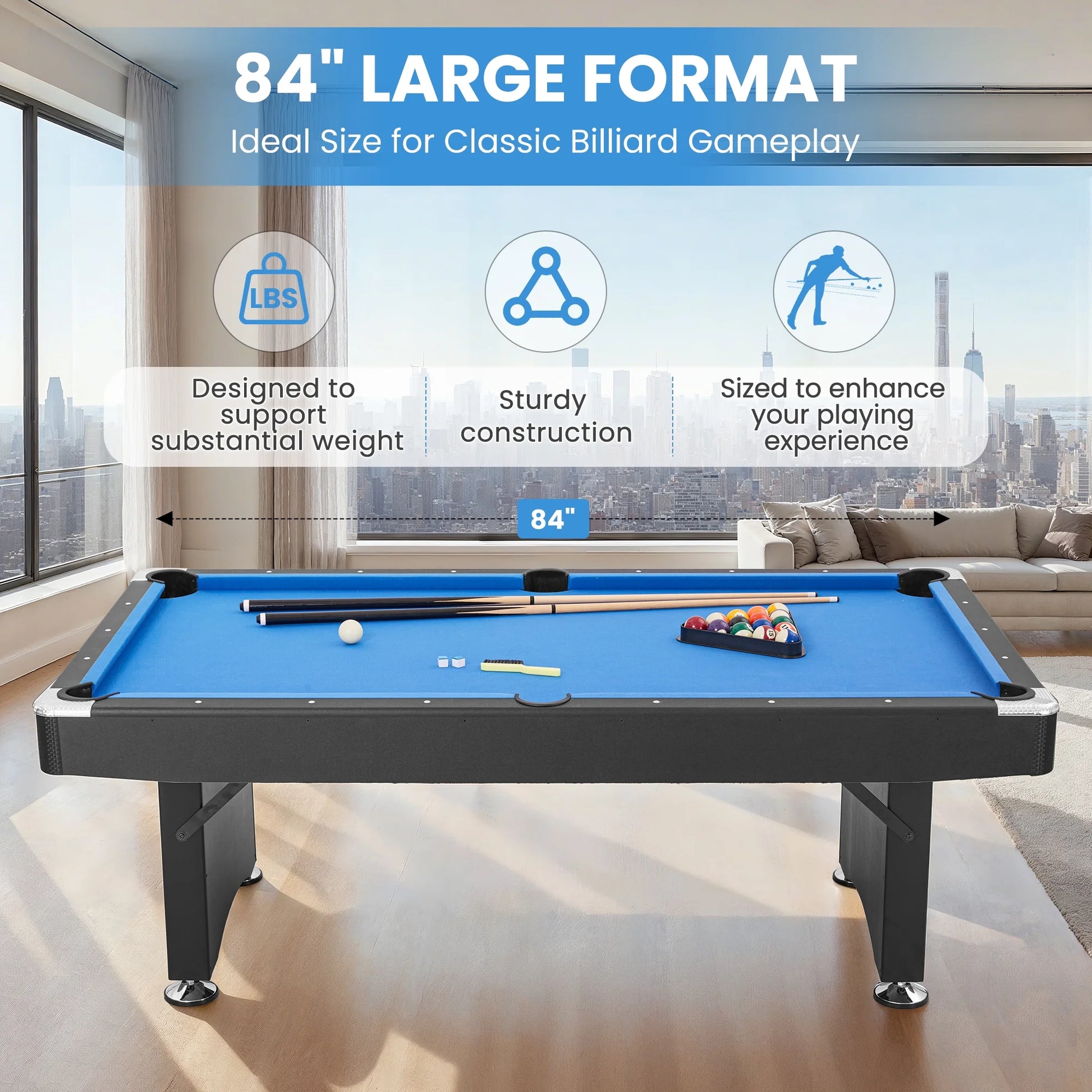 7FT Pool Table Billiard Table with Cues Rack Triangle Ball Set Brush Chalk Cubes Complete Set Pool Table for Family Friend Villa Home Office