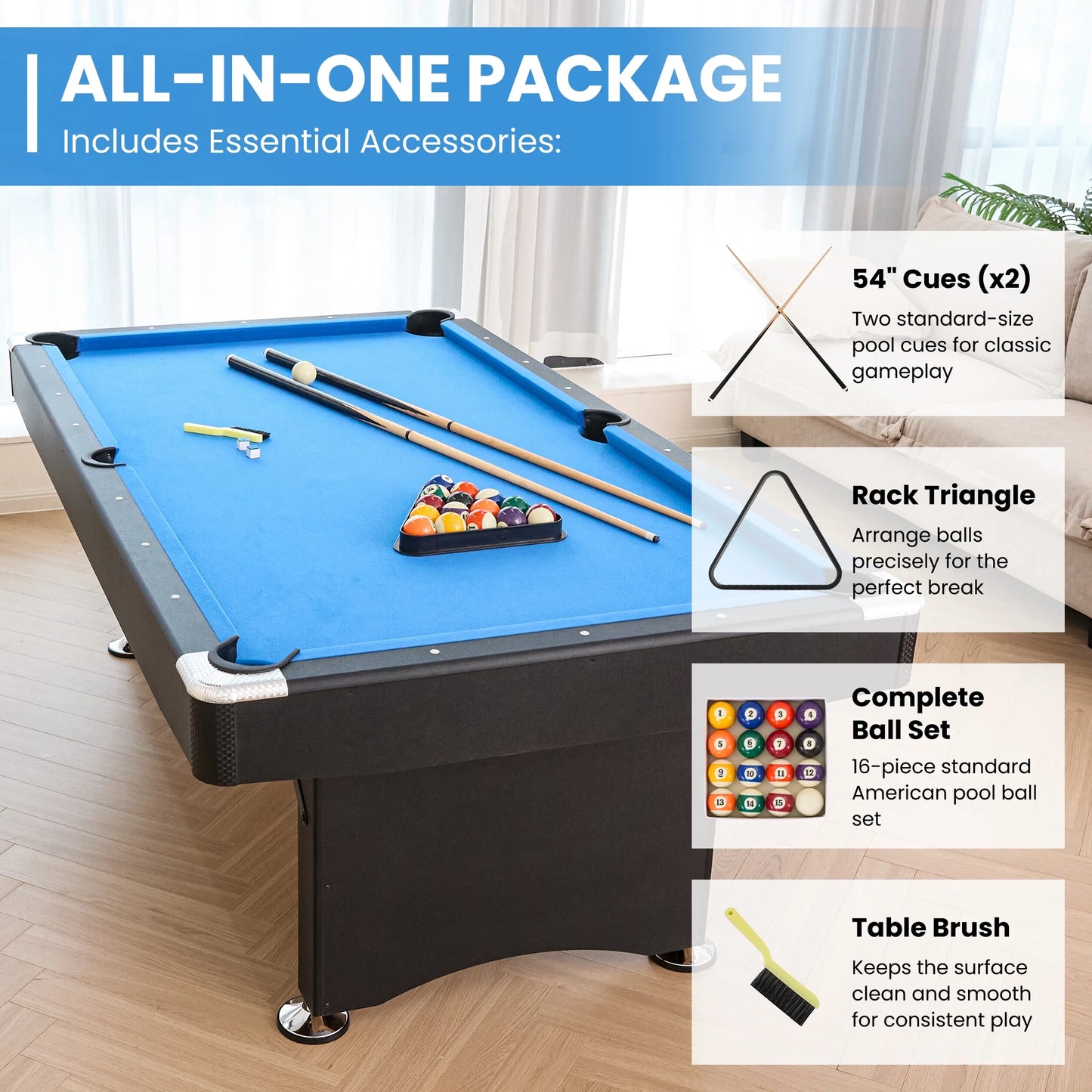 7FT Pool Table Billiard Table with Cues Rack Triangle Ball Set Brush Chalk Cubes Complete Set Pool Table for Family Friend Villa Home Office
