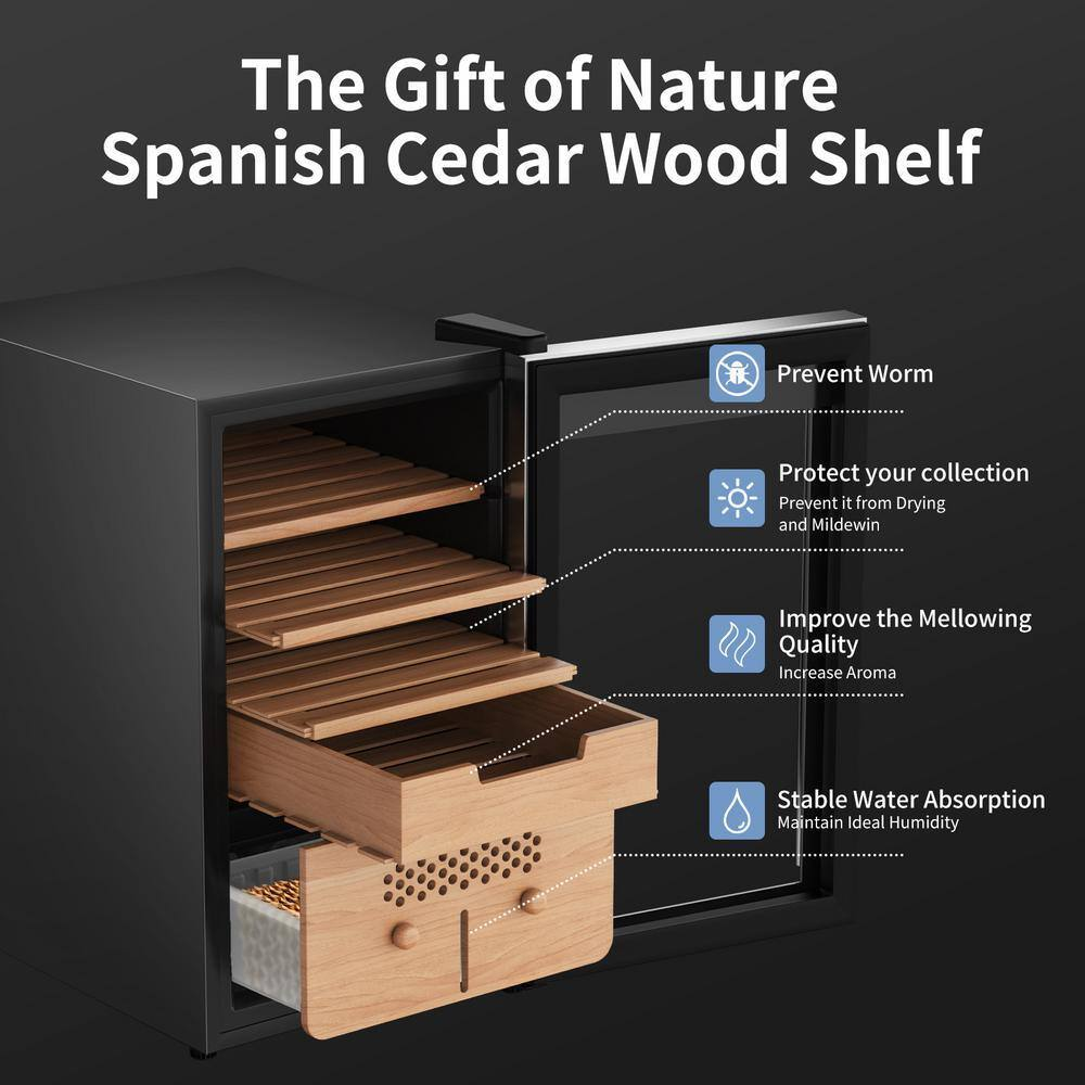 13.6 In. W X 27.2 In. H 43L Black Metal Cigar Humidor Temp and Humidity Control with Spanish Cedar Shelf (325 Capacity)